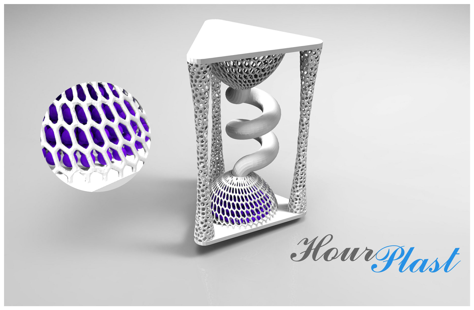 It's Hourplast, decorative design of an hourglass made of 3D printed plastic. The motive was simple phrase "The passage of time", but design wasn't so simple at all. Instead of glass bulbs, it has two net designed half-spheres, connected with a spiral tube. In addition to its decorativeness, Hourplast is also functional. Little balls printed inside those half-spheres can "flow" through the tube, up to the other seethrough sphere, measuring "The passage of time" as was the idea.