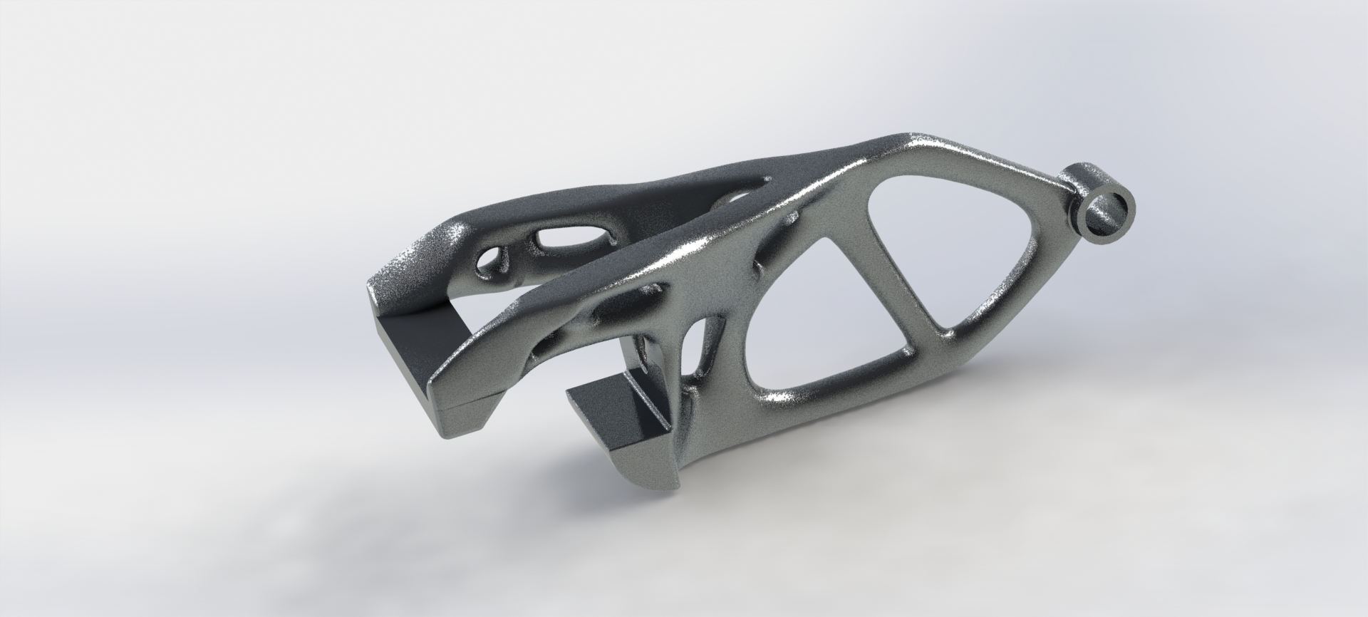 Topology optimized bottle opener, the goal of the optimization was to minimize mass while still preserving a certain factor of safety, in this case the factor of safety is 1.8. Made from aluminium.