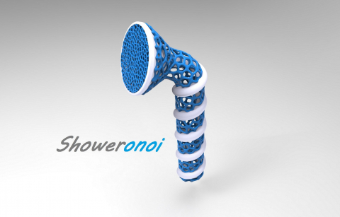 Meet showeronoi. Shower head with voronoi design. The water is supplied through a spiral tube, which ends with a cone filled with voronoi stucture. The voronoi structure inside the cone works the same way as a lot of nozzles, sprinkling water all around. Slightly offseted voronoi structure located around the spiral tube gives this shower head an ergonomic handgrip.